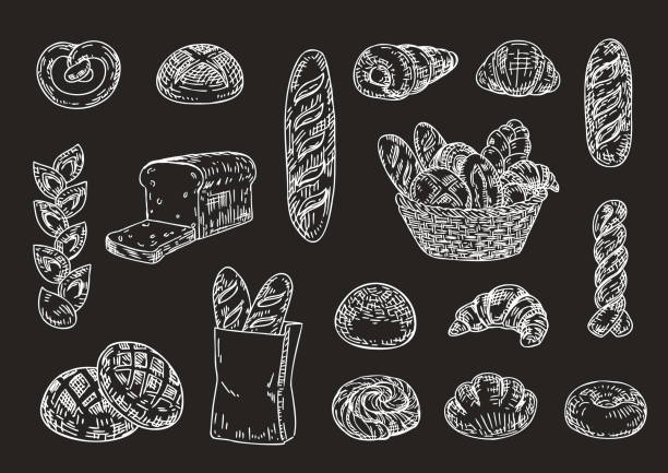 빵 베이커리 식품 손으로 그린 일러스트 세트입니다. - baguette stock illustrations