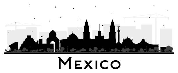 mexiko-stadt skyline silhouette mit schwarzen gebäuden isoliert auf weiß. - architecture art backgrounds church stock-grafiken, -clipart, -cartoons und -symbole