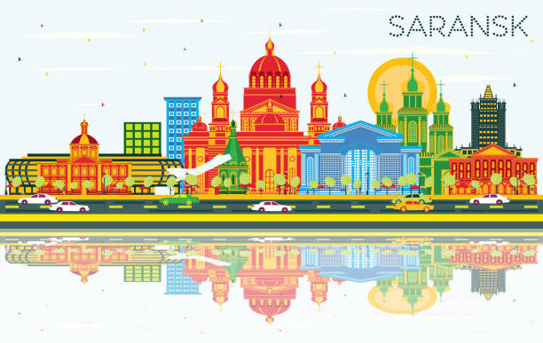 Saransk Russia City Skyline with Color Buildings, Blue Sky and Reflections. Saransk Russia City Skyline with Color Buildings, Blue Sky and Reflections. Vector Illustration. Business Travel and Tourism Concept with Modern Architecture. Saransk Cityscape with Landmarks. mordovia stock illustrations