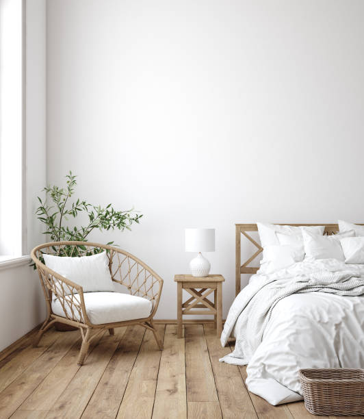 istock Scandinavian farmhouse bedroom interior, wall mockup 1202419933