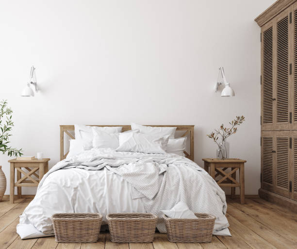 Scandinavian farmhouse bedroom interior, wall mockup Scandinavian farmhouse bedroom interior, wall mockup, 3d render bed furniture stock pictures, royalty-free photos & images