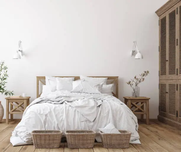 Photo of Scandinavian farmhouse bedroom interior, wall mockup