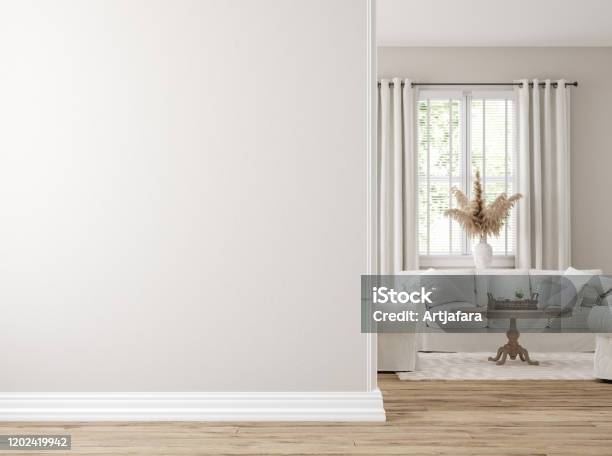 Scandinavian Farmhouse Living Room Interior Wall Mockup Stock Photo - Download Image Now