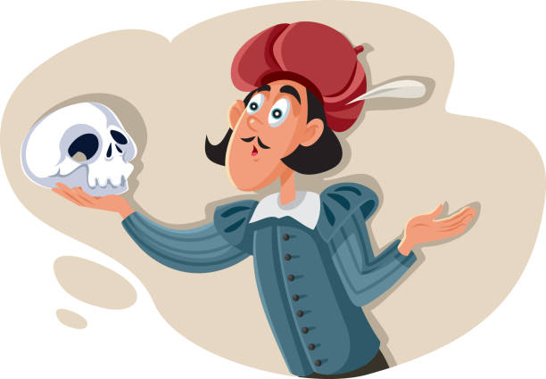 Hamlet Holding Skull Asking Existential Question Troubled prince in Shakespearean drama having a dilemma william shakespeare stock illustrations