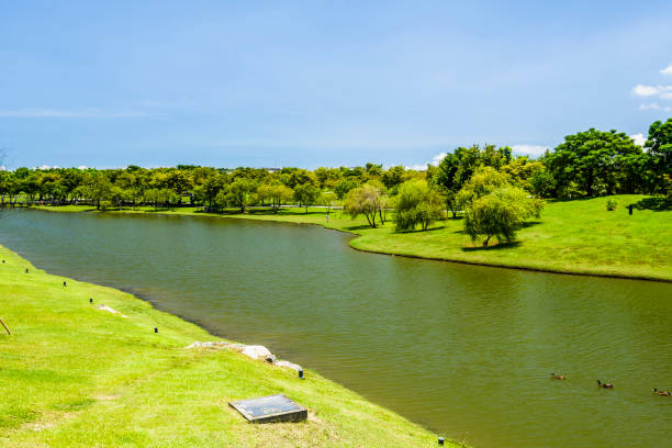 istock beautiful city park with the lake 1202426801