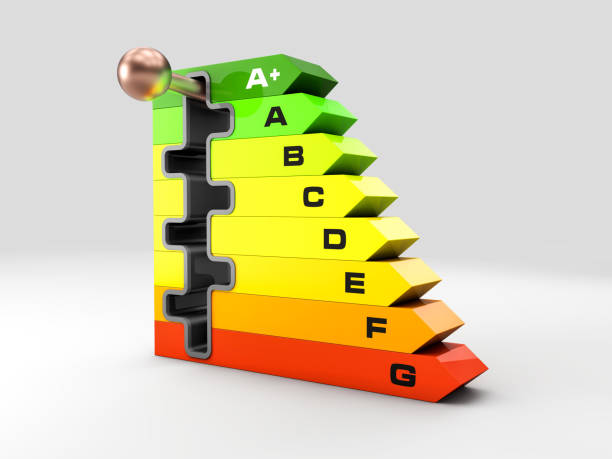 istock 3d Rendering of Energy labels with power switch on gray background. 1202428588