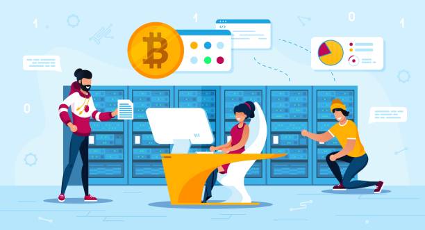 ilustraciones, imágenes clip art, dibujos animados e iconos de stock de bitcoin traders o miners team flat vector concept - data center the media finance