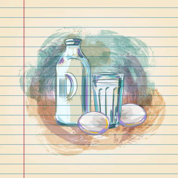 Vector illustration of Egg and Milk Drawing on Ruled Paper