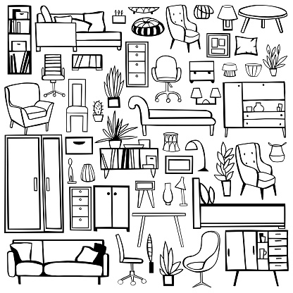 Furniture, lamps and plants for the home. Vector sketch  illustration.