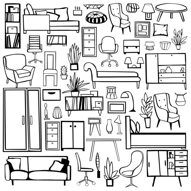 Furniture, lamps and plants for the home. Furniture, lamps and plants for the home. Vector sketch  illustration. Furniture stock illustrations