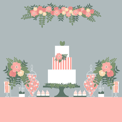 Wedding candy bar with cake . Dessert table.  Vector illustration