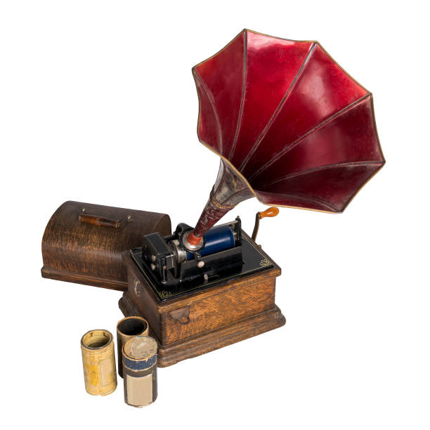 istock Cut out Old phonograph with three cylinder records with clipping path 1202438104