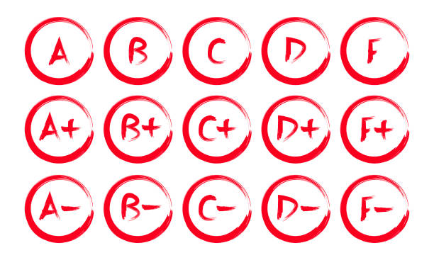 ilustrações de stock, clip art, desenhos animados e ícones de grade results set. hand drawn vector grade in red circle. - exam report card letter a test results