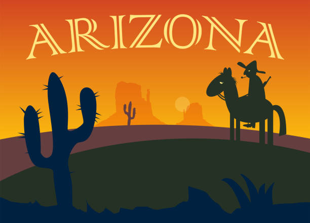 Desert sunset landscape. Arizona or Mexico, western cartoon background with wild cactus, and cowboy and horse.