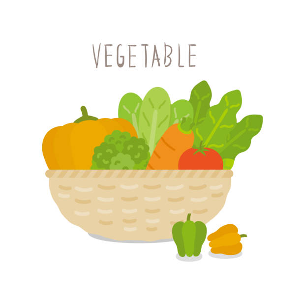 illustrazioni stock, clip art, cartoni animati e icone di tendenza di verdure in un cesto - white background freshness spinach vegetable