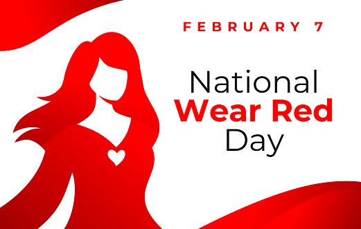 National wear red day vector banner. Beautiful woman wearing red dress. American Heart Association bring attention to heart disease. National wear red day February 7 concept.