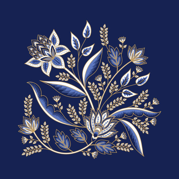 ilustrações, clipart, desenhos animados e ícones de ilustração de vetores de padrão floral indiano. flores vintage motivos if chintz impressão. projeto de arte oriental étnica. ornamento botânico persa - textile blue leaf paisley