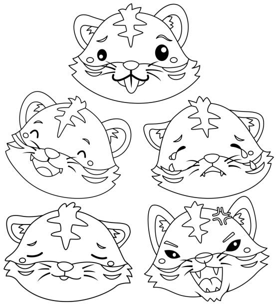 Black and white tiger face a cute little tiger expressing many emotions in black and white background of the sad face black and white stock illustrations