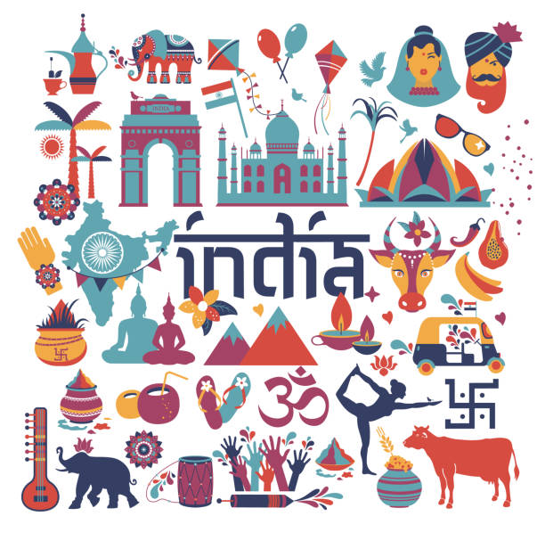 ilustrações, clipart, desenhos animados e ícones de a índia definiu a arquitetura indiana do país asiático tradições asiáticas, o budismo, viajam ícones e símbolos isolados. - lotus mahal