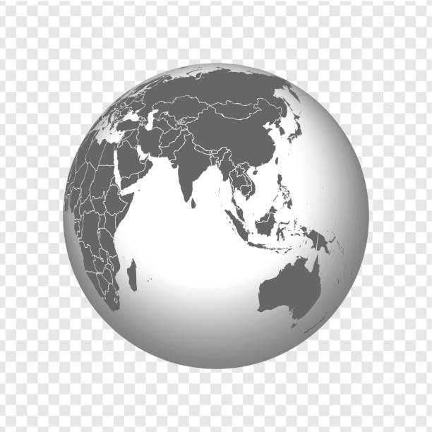 Globe of Earth with borders of all countries. 3d icon Globe in gray on transparent background. High quality world map in gray.  Asia, Australia, Oceania. Vector illustration. EPS10. Globe of Earth with borders of all countries. 3d icon Globe in gray on transparent background. High quality world map in gray.  Asia, Australia, Oceania. Vector illustration. EPS10. world map china saudi arabia stock illustrations