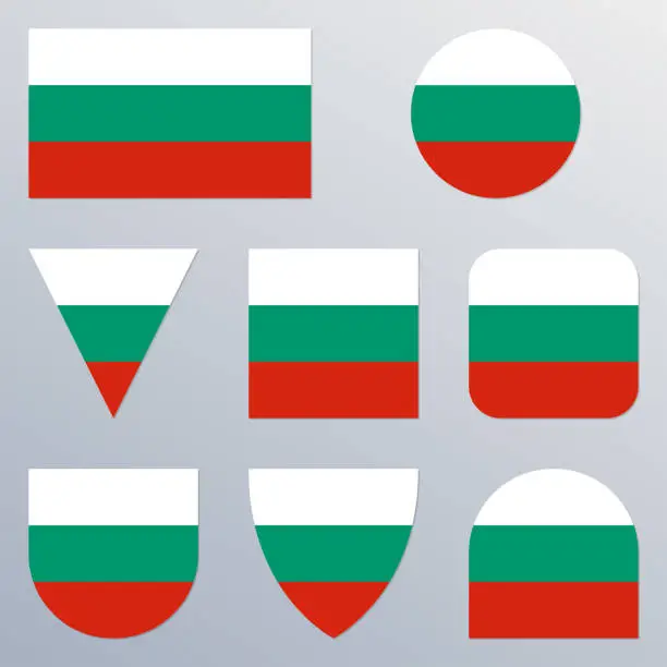 Vector illustration of Bulgaria flag icon set. Bulgarian flag button or badge in different shapes. Vector illustration.