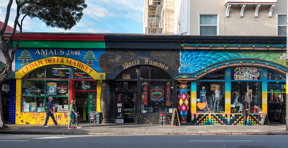 Colourful storefronts in the Haight Ashbury in San Francisco, California, USA.