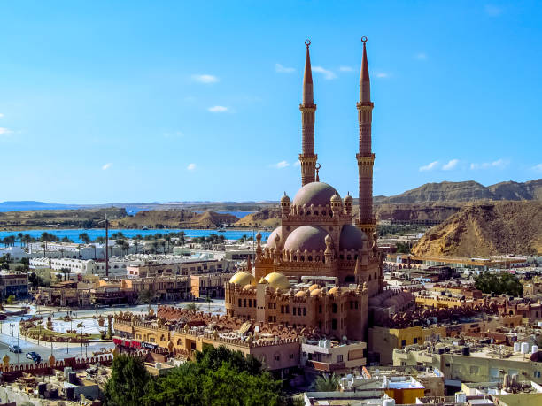 Top view of the Old City, Al Mustafa Mosque and the Red Sea in Sharm El Sheikh stock photo