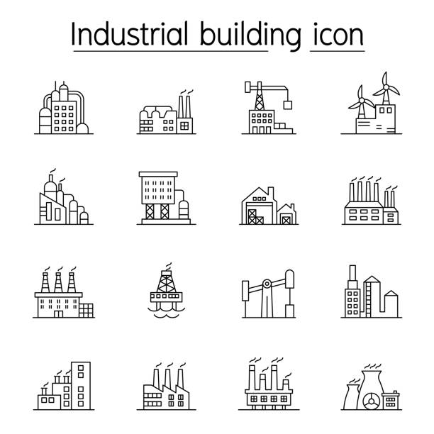 산업 건물, 공장, 얇은 라인 스타일로 설정 된 공장 아이콘 - mining pipeline metallurgy oil industry stock illustrations