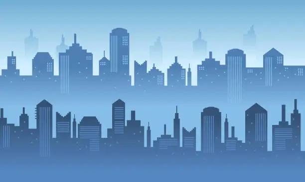 Vector illustration of City skyscraper in the morning with blue theme.