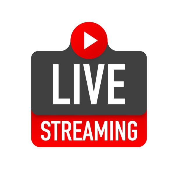 Live streaming logo - red design element with play button for news and TV or online broadcasting. Live streaming logo - red design element with play button for news and TV or online broadcasting logo tv stock illustrations