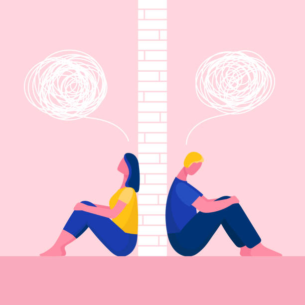 ilustrações de stock, clip art, desenhos animados e ícones de a man and a woman in a quarrel.the couple sit back to back.problems in relationships, conflicts.husband and wife at odds.wall between them.flat vector illustration - couple