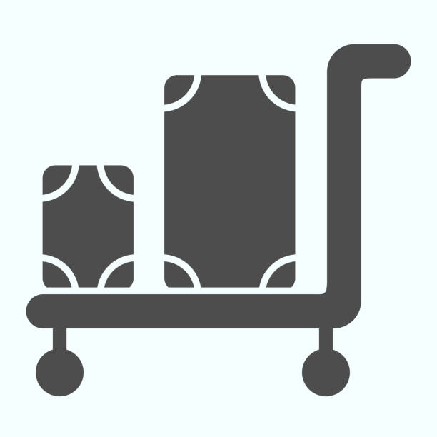 Luggage trolley solid icon. Baggage on a tray vector illustration isolated on white. Trolley baggage glyph style design, designed for web and app. Eps 10. Luggage trolley solid icon. Baggage on a tray vector illustration isolated on white. Trolley baggage glyph style design, designed for web and app. Eps 10 airport symbols stock illustrations