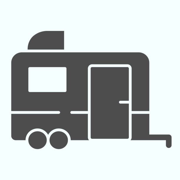 トレーラーのソリッドアイコン。●白で孤立した生きたイラスト用バス。モバイルホームトレーラーグリフスタイルデザイン、ウェブとアプリのために設計されています。 - vehicle trailer illustrations点のイラスト素材／クリップアート素材／マンガ素材／アイコン素材