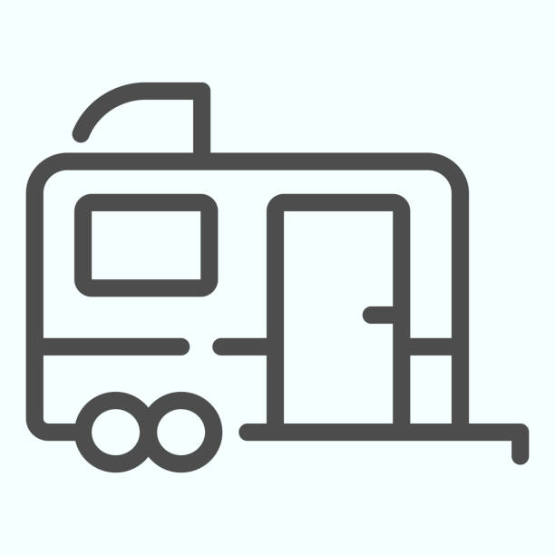 значок линии трейлера. автобус для живой иллюстрации изолирован на белом. мобильный домашний трейлер наброски стиль дизайна, предназначен� - vehicle trailer illustrations stock illustrations