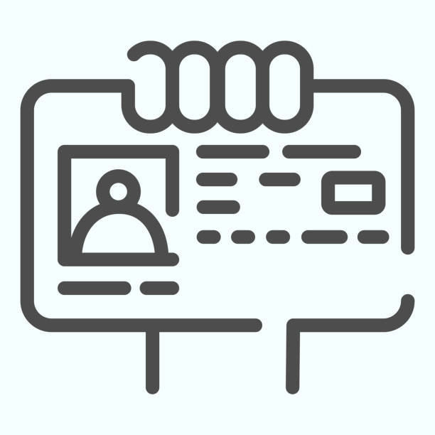 illustrations, cliparts, dessins animés et icônes de document d'identité dans l'icône de ligne de main. illustration de carte d'identité d'id d'isolement sur le blanc. document avec la conception de modèle de contour de photo, conçu pour web et app. eps 10. - papiers didentité
