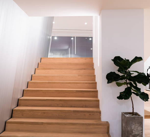 istock Wooden staircase with aluminium cladding wall and artificial plant on foreground / interior /staircase / modern minimal style 1202459870