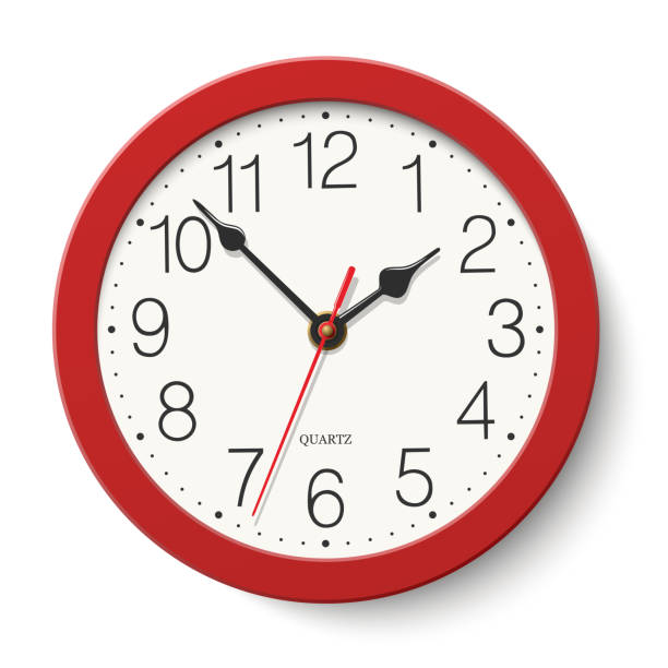흰색 배경에 격리 된 빨간색 둥근 벽 시계 - 벽시계 일러스트 stock illustrations