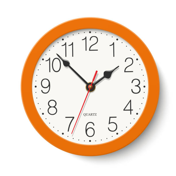 흰색 배경에 격리 된 주황색 바디가있는 둥근 벽 시계 - 벽시계 일러스트 stock illustrations
