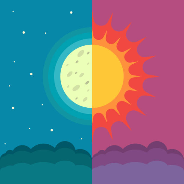 The Sun and The Moon on dual composition as concept of spring and autumn equinox The Sun and The Moon on dual composition as concept of spring and autumn equinox. Annual seasonal natural phenomenon in march and september summer solstice stock illustrations