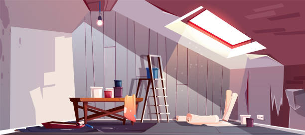 Vector attic repair. Renovation of garret, loft Vector concept of attic repair. Renovation of wooden room under a roof. Tray with paint, cylinder roller and stepladder. Equipment for wallpapering. The revival of loft, a vintage garret with window. interior of old house garret stock illustrations