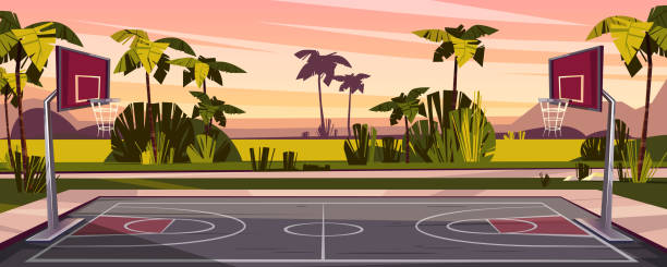 Vector cartoon background of street basketball court Vector cartoon background of basketball court on street. Outdoor sport arena with baskets for game. Playground for competition, championship. Backdrop with tropic palms, sunset sky and green field. asphalt basketball court stock illustrations
