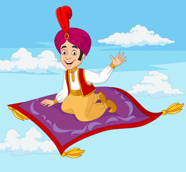 Cartoon aladdin travelling on flying carpet Vector illustration of Cartoon aladdin travelling on flying carpet sultan stock illustrations