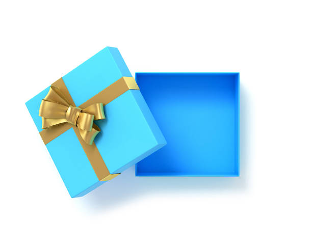 istock Open blue gift box top view with bow ribbon. 3D Illustration. 1202463178