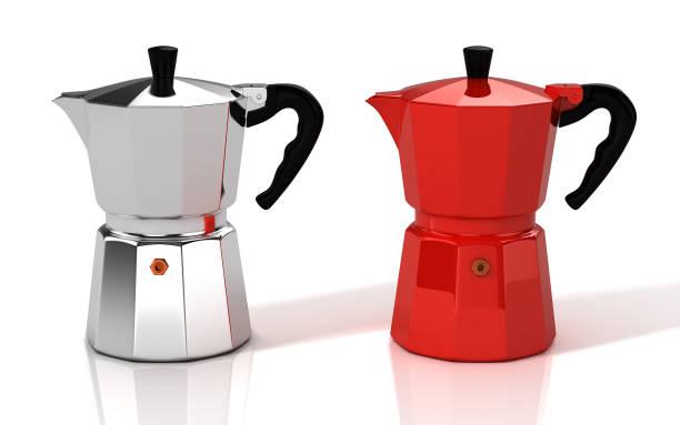 istock Silver and red Italian coffee makers. 3D Illustration. 1202463812