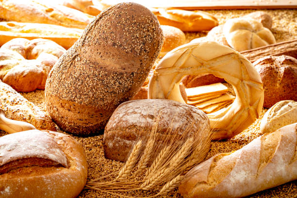 variedade de pão no cereal de grãos de trigo - carbohydrate artisan bread isolated on white isolated - fotografias e filmes do acervo