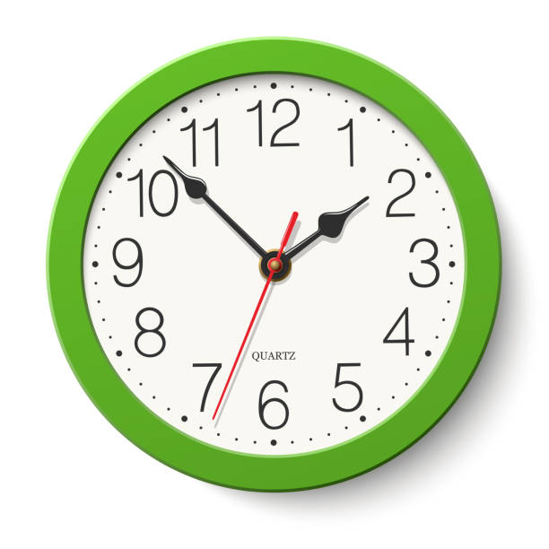 okrągły zegar ścienny z zielonym korpusem odizolowanym na białym tle. - clock ticking stock illustrations
