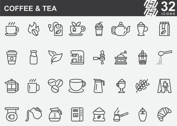 illustrations, cliparts, dessins animés et icônes de icônes de ligne de café et de thé - leaf cup breakfast drink