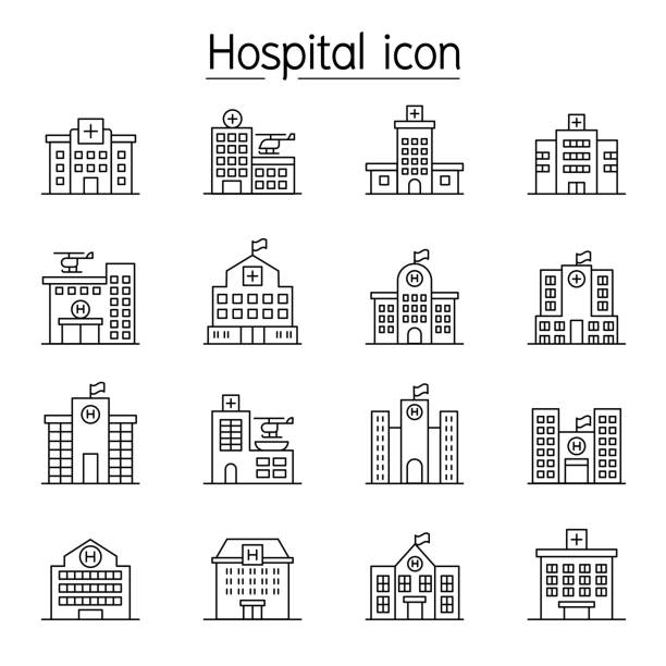Hospital building, Medical center icon set in thin line style Hospital building, Medical center icon set in thin line style research facility exterior stock illustrations