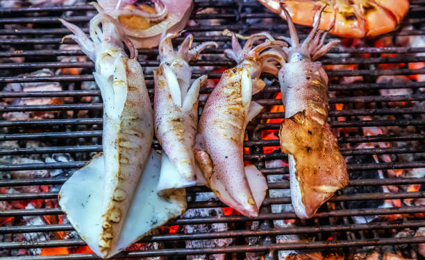 squid octopus barbecue fire grill - bonfire beach fire barbecue imagens e fotografias de stock