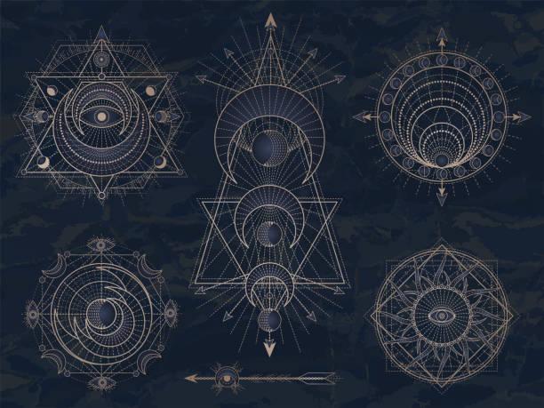 vektor-set von heiligen symbolen mit mond, auge, sonne und geometrischen figuren auf dunklen vintage-hintergrund. abstrakte mystische zeichen sammlung. - alchemie stock-grafiken, -clipart, -cartoons und -symbole